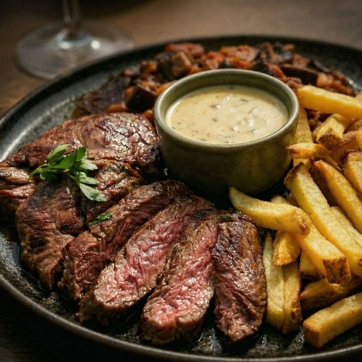 Une pièce de bœuf tranchée, frites maison et sauce dans une coupelle