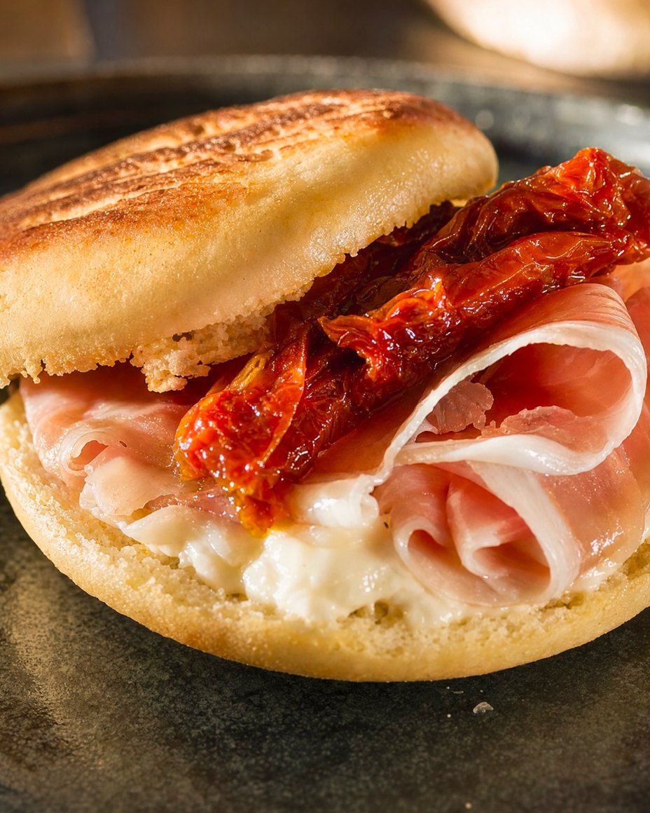 Une tigelle dorée garnie de jambon de Parme, de tomates séchées et de fromage frais
