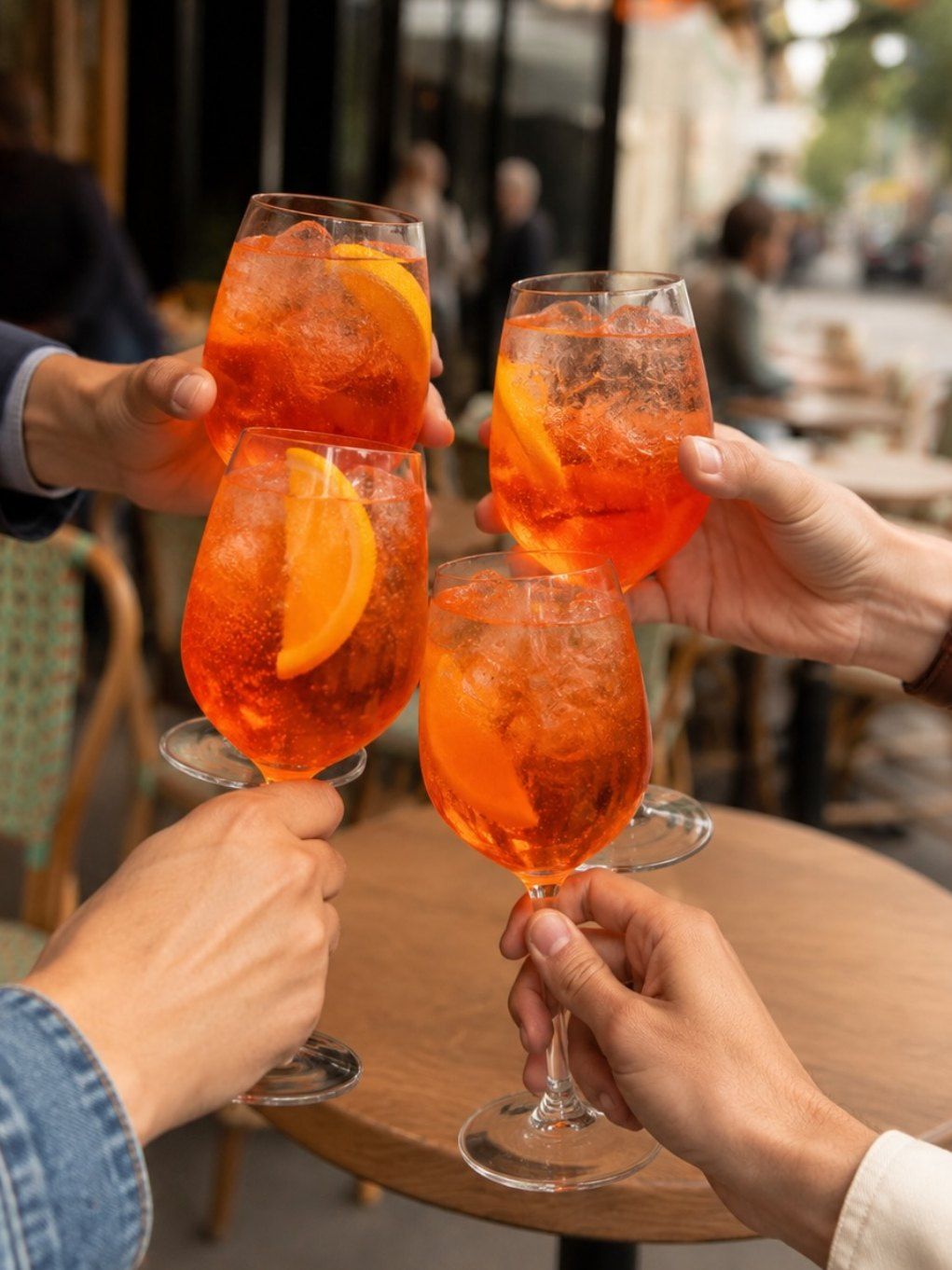 Quatre spritz qui trinquent en terrasse, tranches d'orange et glaçons